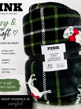 PINK Victoria's Secret Cozy Plush Blanket - Green Plaid NWT